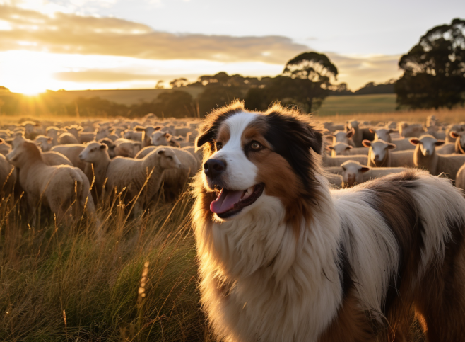 berger australien avec son troupeau de moutons
